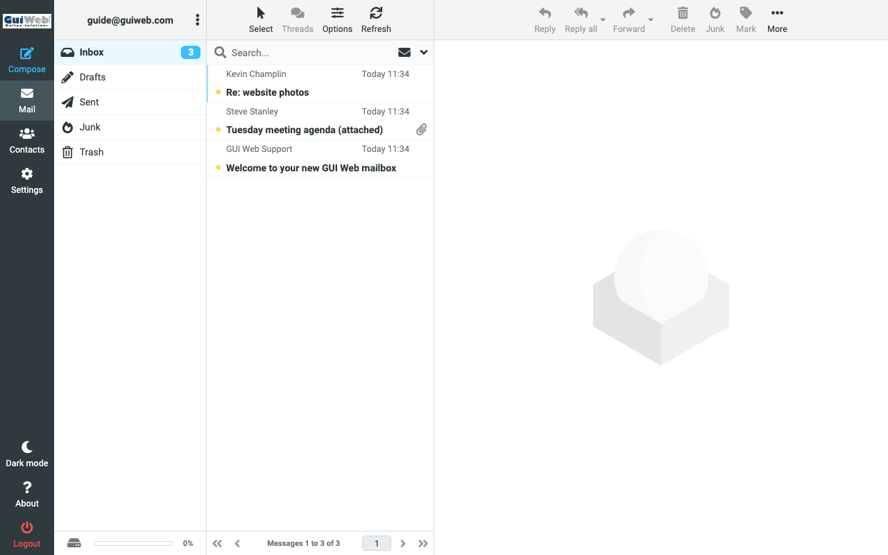 The inbox. Three unread messages, one with an attachment.