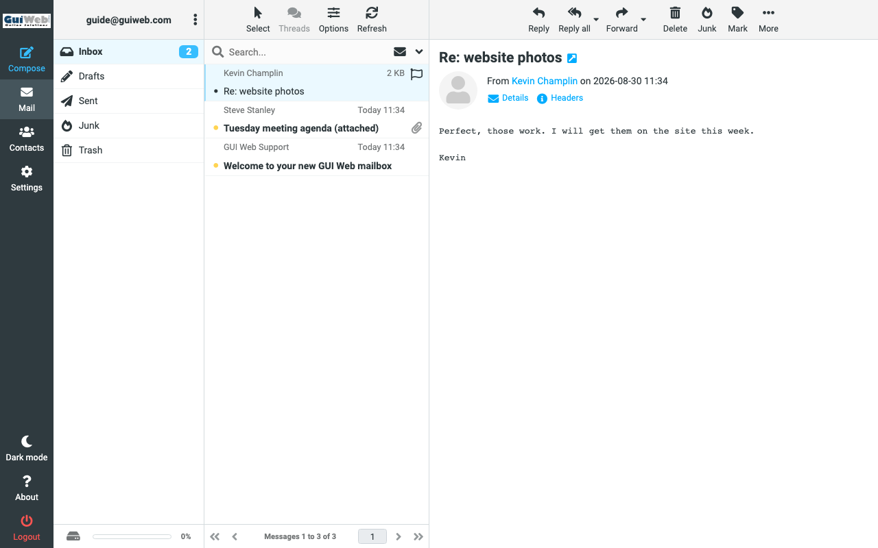 A message open on the right. Reply, Reply all and Forward are above it.