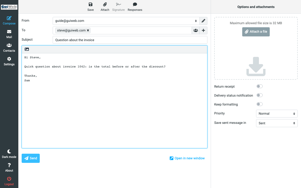 Writing a message. Attach a file with the paperclip or the drop zone on the right.