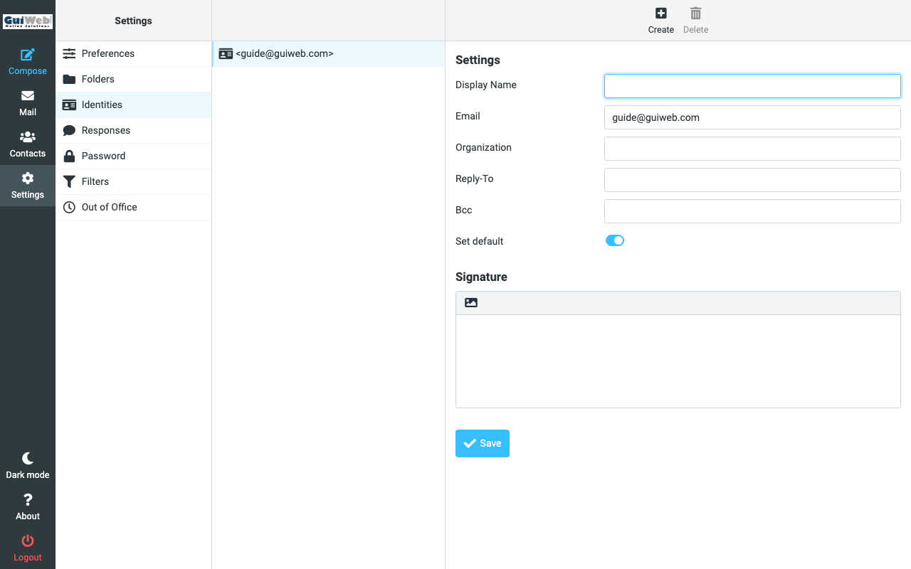 Settings, Identities: display name and signature.